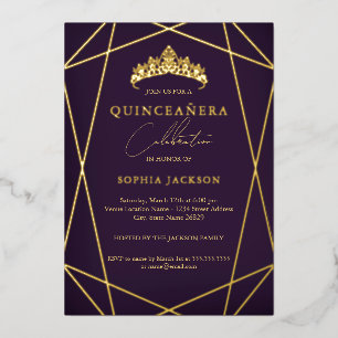 Purple Geometric Gold Elegant Quinceanera Foil Invitation