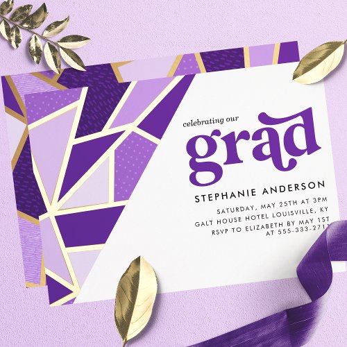 Purple Geometric Gold Modern Graduation Party Foil Invitation