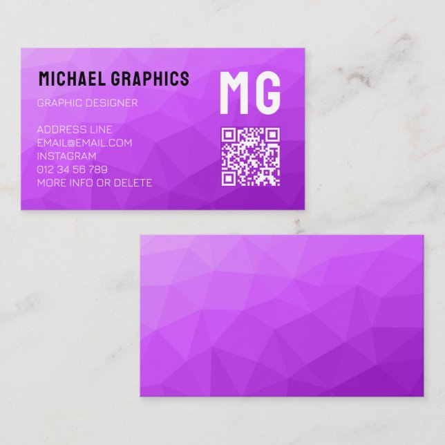 Purple geometric mesh pattern QR code Monogram Business Card (Front/Back)