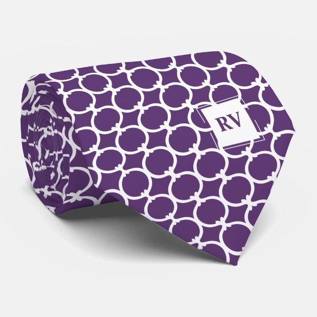 Purple Geometric Monogrammed Neck Tie (Rolled)