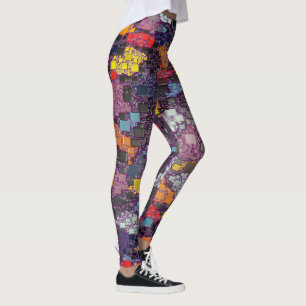 Purple Geometric Outlines Over Colorful Splashes Leggings