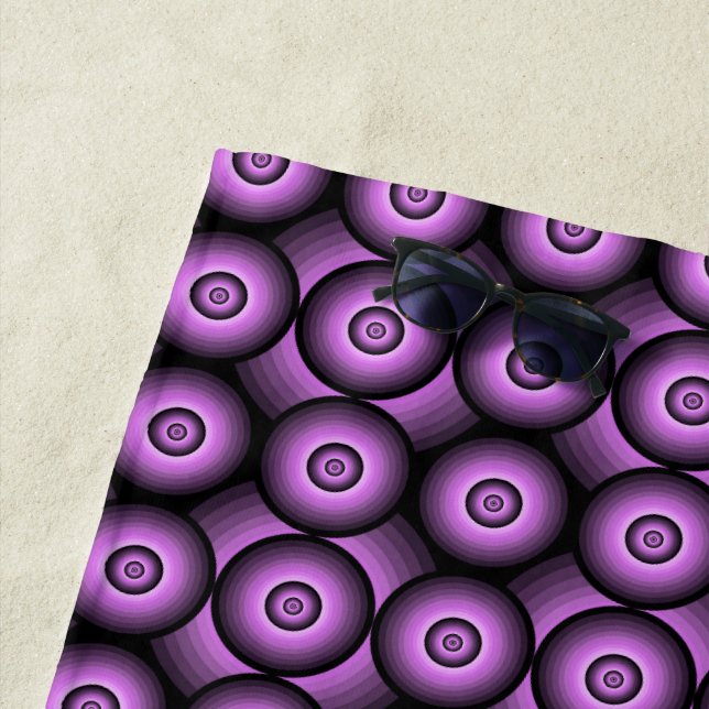 Purple geometric retro circle pattern beach towel (In Situ)