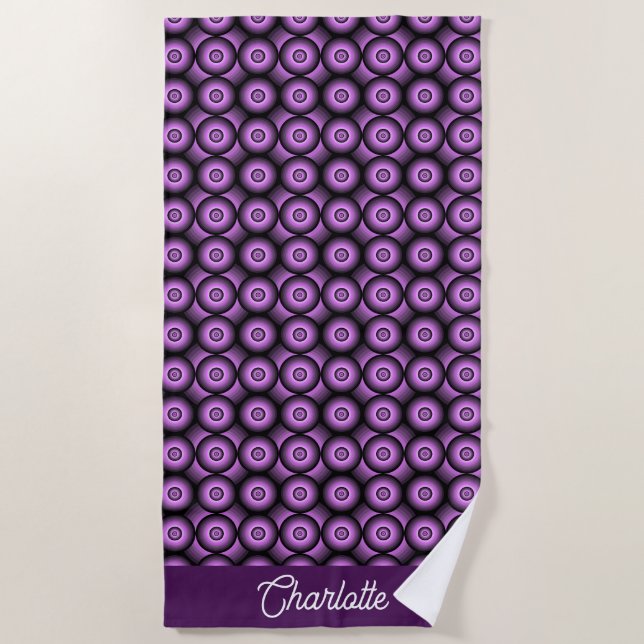 Purple geometric retro circle pattern name beach towel (Front)