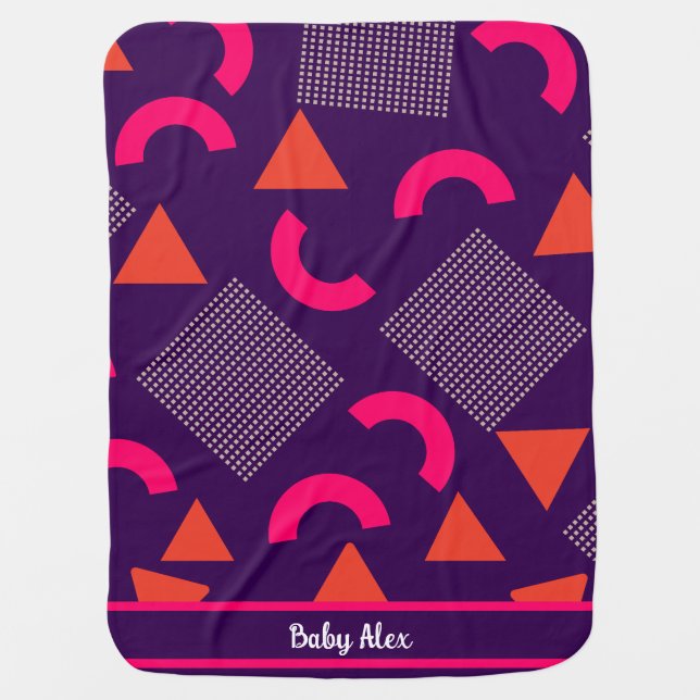 Purple geometric shapes pattern personalized name baby blanket (Front)