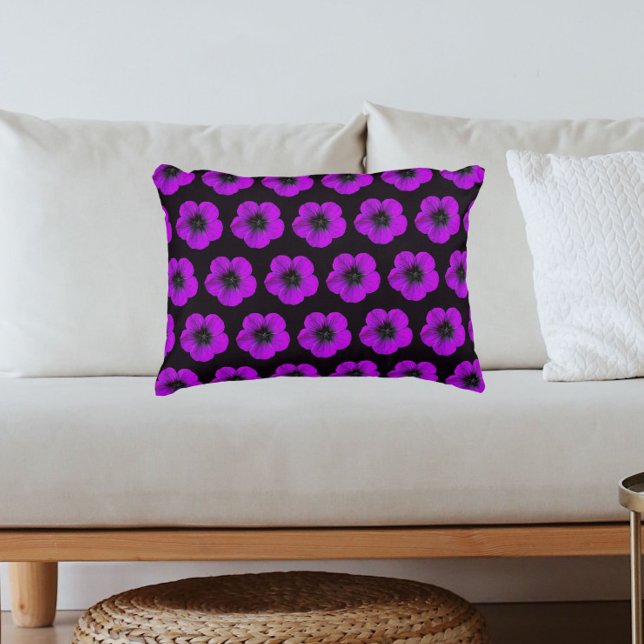 Purple Geranium Black Floral Pattern Accent Pillow (In Situ Sofa)