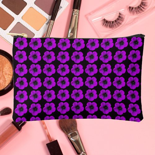 Purple Geranium Floral Pattern on Black Accessory Pouch