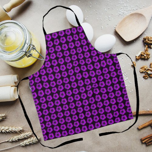 Purple Geranium Floral Pattern on Black Apron