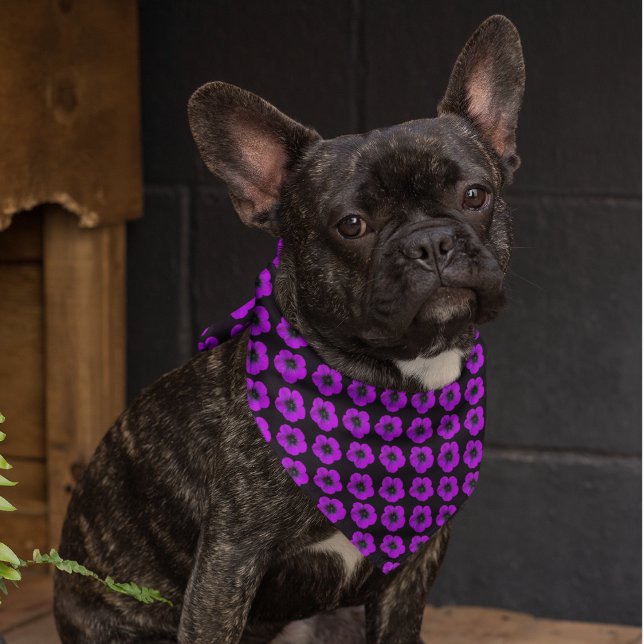 Purple Geranium Floral Pattern on Black Bandana (In Situ)