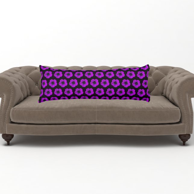 Purple Geranium Floral Pattern on Black Body Pillow (In Situ)