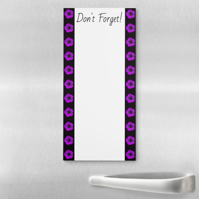 Purple Geranium Floral Pattern on Black Border Magnetic Notepad (In Situ)