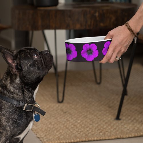 Purple Geranium Floral Pattern on Black Bowl