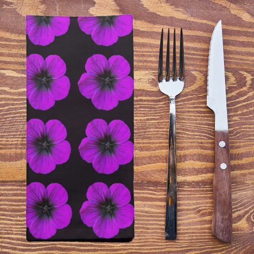 Purple Geranium Floral Pattern on Black Cloth Napkin