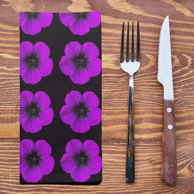 Purple Geranium Floral Pattern on Black Cloth Napkin (In Situ Tableware)