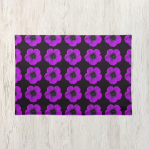 Purple Geranium Floral Pattern on Black Cloth Placemat
