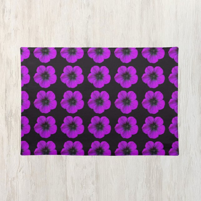 Purple Geranium Floral Pattern on Black Cloth Placemat (In Situ Table)