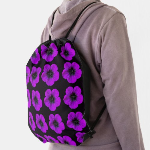 Purple Geranium Floral Pattern on Black Drawstring Bag