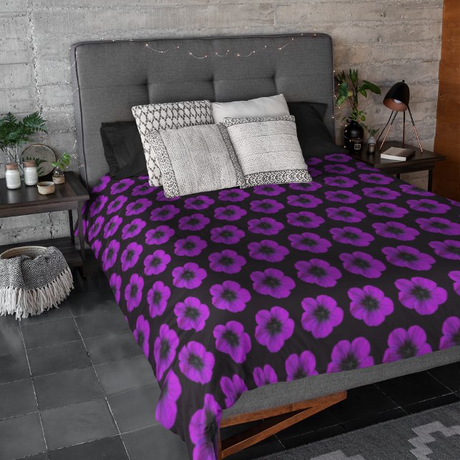 Purple Geranium Floral Pattern on Black Duvet Cover (In Situ)
