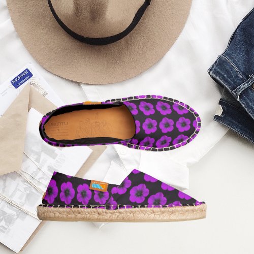 Purple Geranium Floral Pattern on Black Espadrilles