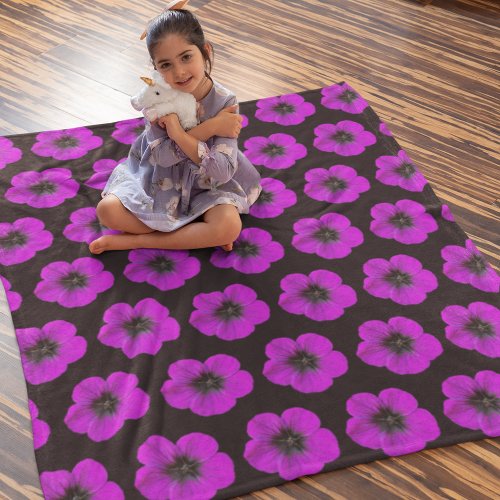 Purple Geranium Floral Pattern on Black Fleece Blanket