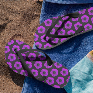 Purple Geranium Floral Pattern on Black Flip Flops