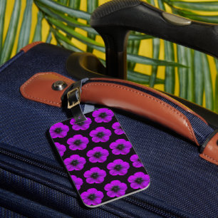 Purple Geranium Floral Pattern on Black Luggage Tag