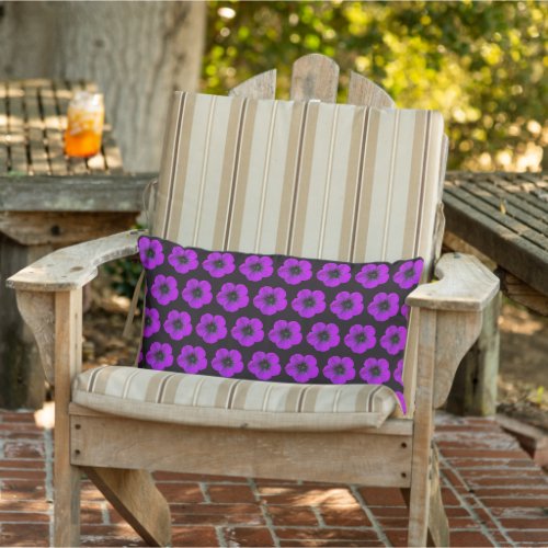 Purple Geranium Floral Pattern on Black Lumbar Pillow