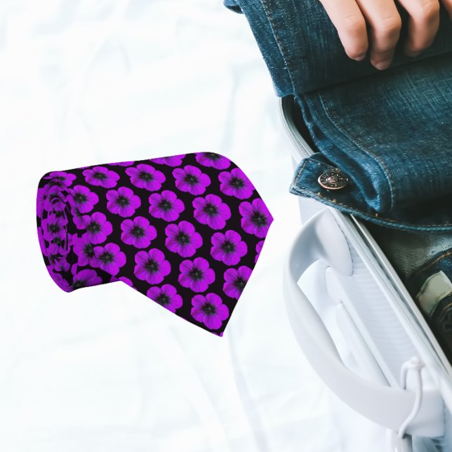 Purple Geranium Floral Pattern on Black Neck Tie (Creator Uploaded)