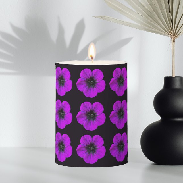 Purple Geranium Floral Pattern on Black Pillar Candle (In Situ Vase)