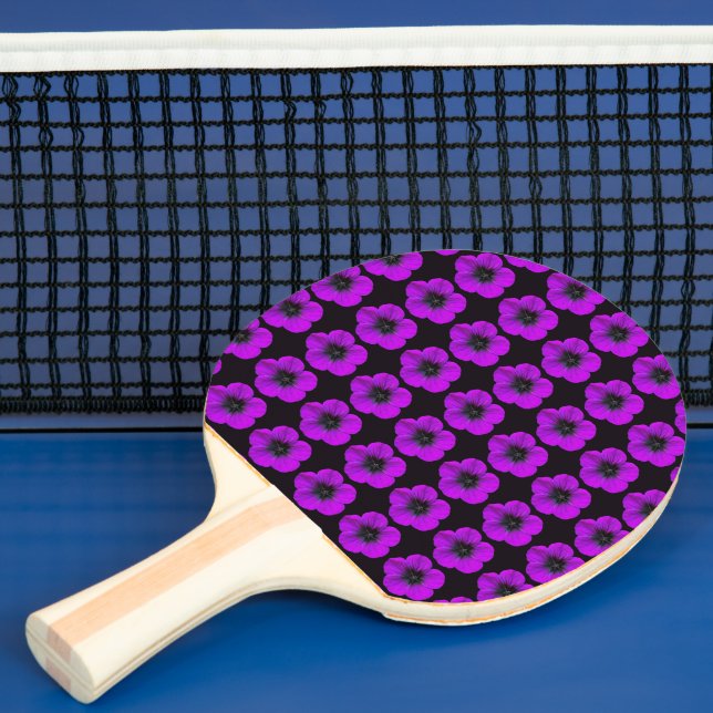 Purple Geranium Floral Pattern on Black Ping Pong Paddle (Insitu)