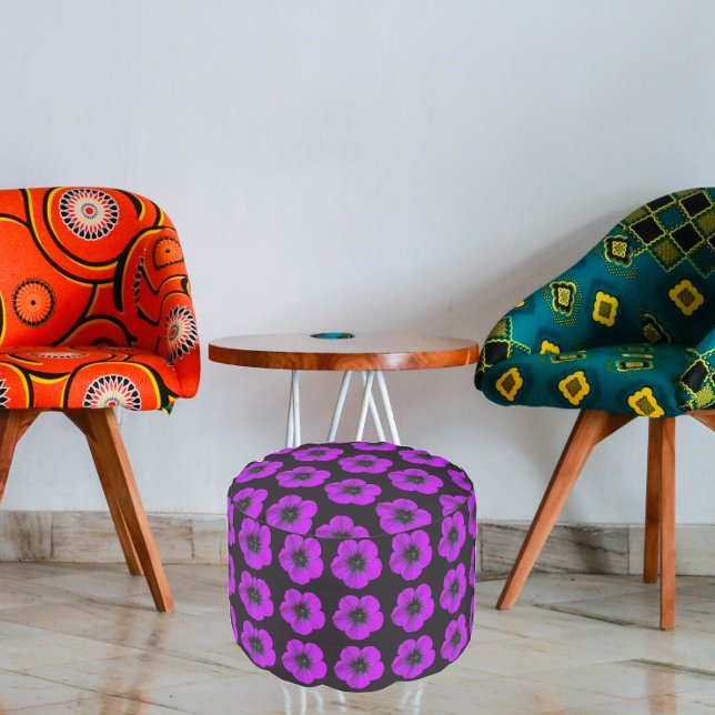 Purple Geranium Floral Pattern on Black Pouf (In Situ Chairs)