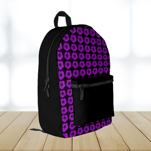 Purple Geranium Floral Pattern on Black Printed Backpack