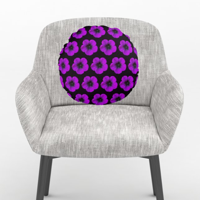 Purple Geranium Floral Pattern on Black Round Pillow (In Situ Chair)