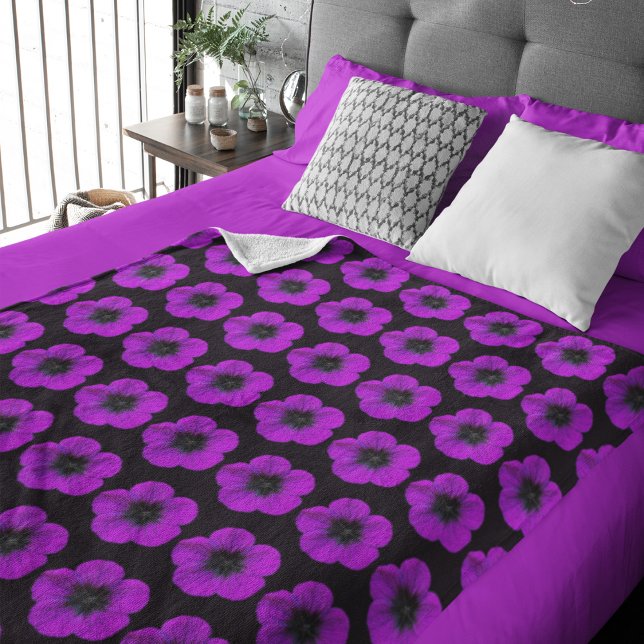 Purple Geranium Floral Pattern on Black Sherpa Blanket (Creator Uploaded)