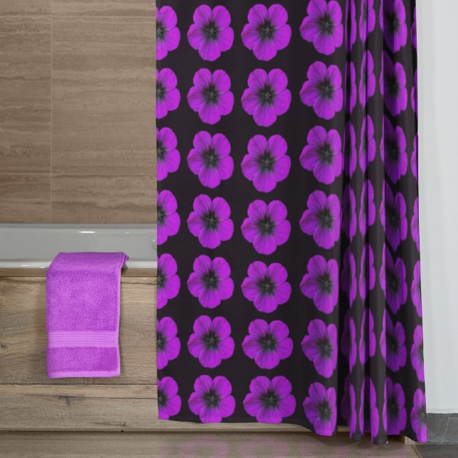 Purple Geranium Floral Pattern on Black Shower Curtain (In Situ Bathroom)