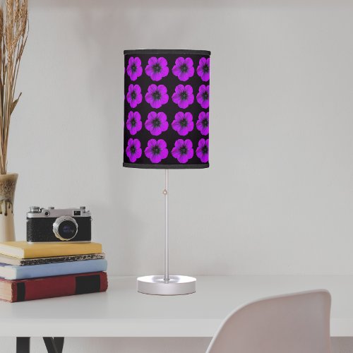 Purple Geranium Floral Pattern on Black Table Lamp