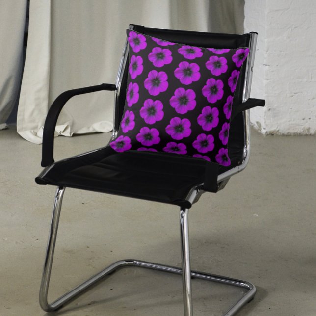 Purple Geranium Floral Pattern on Black Throw Pillow (In Situ Chair)