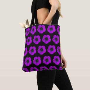Purple Geranium Floral Pattern on Black Tote Bag