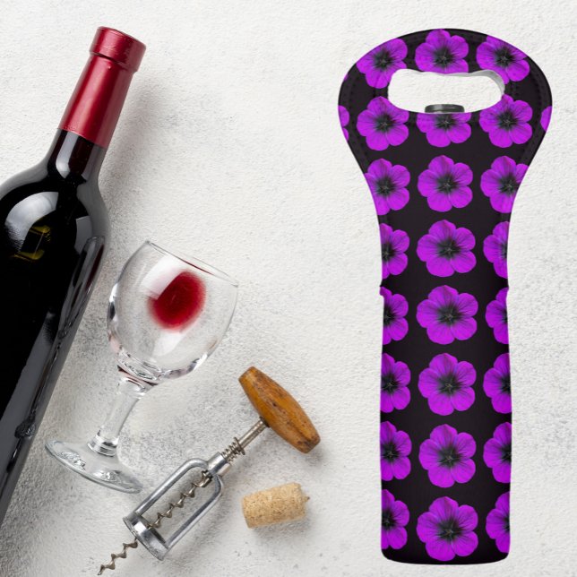 Purple Geranium Floral Pattern on Black Wine Bag (In Situ)