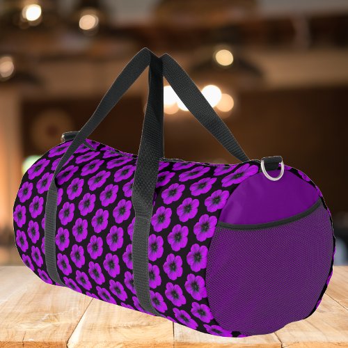 Purple Geranium Floral Pattern on Purple Duffle Bag