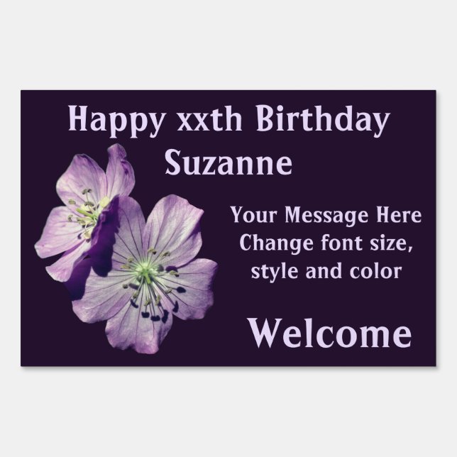 Purple Geranium Flower Personalized Happy Birthday Sign (Front)