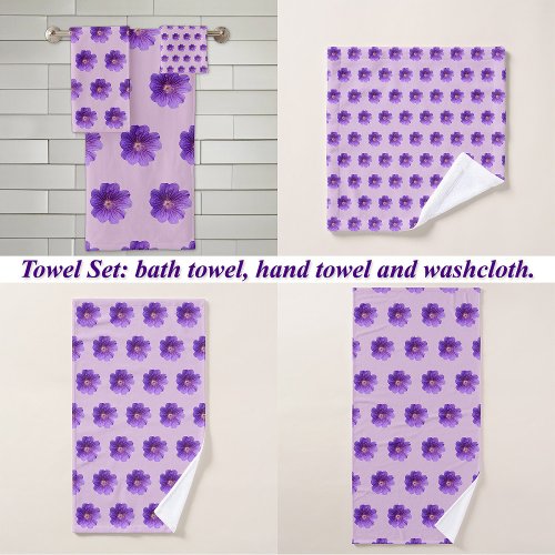 Purple Geranium Flower Seamless Pattern on Bath Towel Set