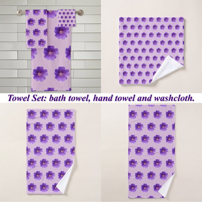 Purple Geranium Flower Seamless Pattern on Bath Towel Set (Purple Geranium flower seamless pattern on bath towel set: wash cloth, hand towel and bath towel)