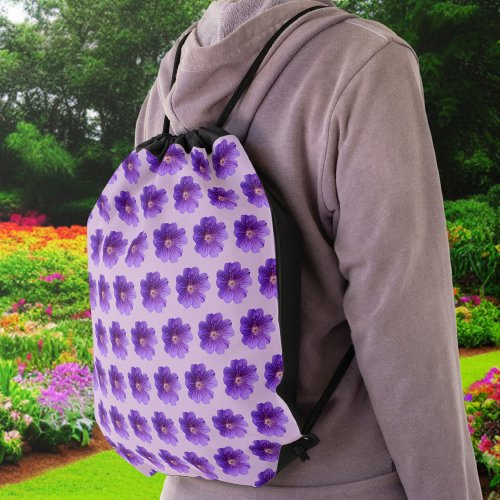Purple Geranium Flower Seamless Pattern on Drawstring Bag