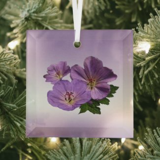 Purple Geranium Flowers Beveled Glass Ornament