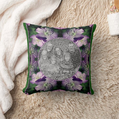Purple Geranium Flowers Frame Add Your Photo Throw Pillow