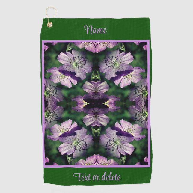Purple Geranium Flowers Multiplied Personalized Golf Towel (Front)