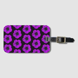Purple Geranium on Black Floral Pattern Luggage Tag