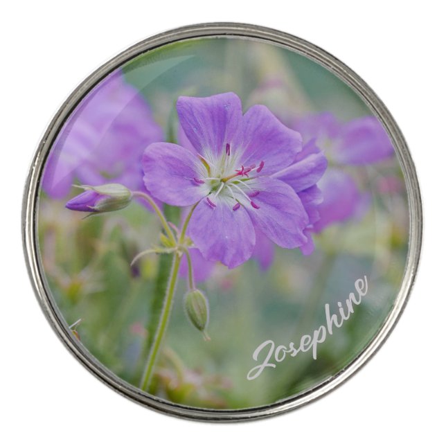 Purple Geranium Wildflower Botanical Photo Name Golf Ball Marker (Front)