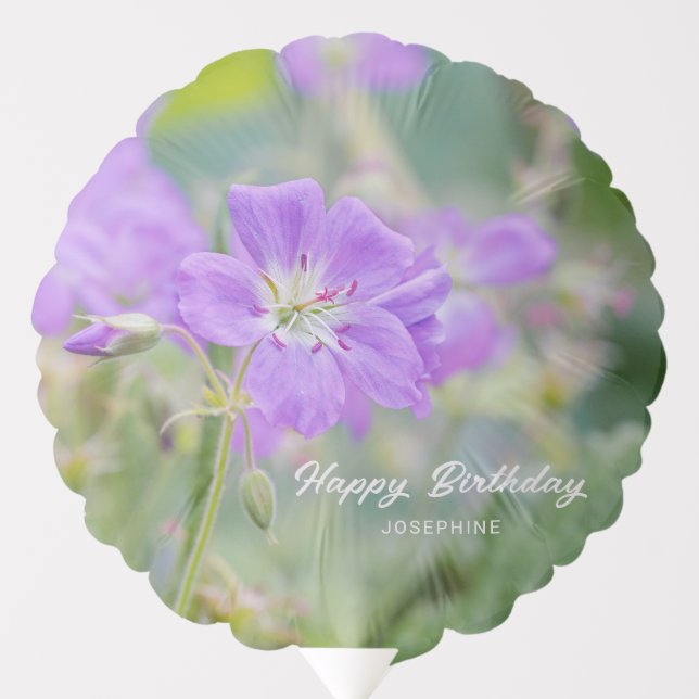Purple Geranium Wildflower Photo Happy Birthday Balloon (Front)