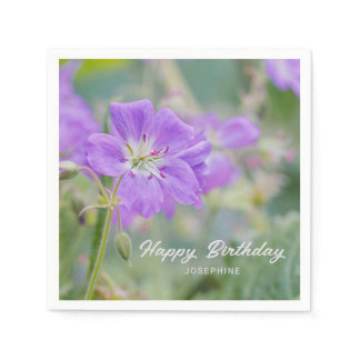 Purple Geranium Wildflower Photo Happy Birthday Napkins
